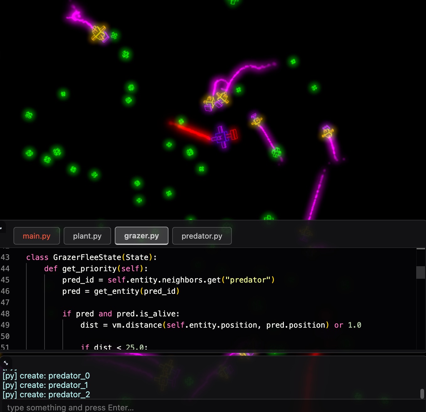 Mythic Layer Lab: a predator/prey simulation with glowing plant, grazer, and predator agents, shown above a multi-file Python editor (main.py, plant.py, grazer.py, predator.py) and a live console.